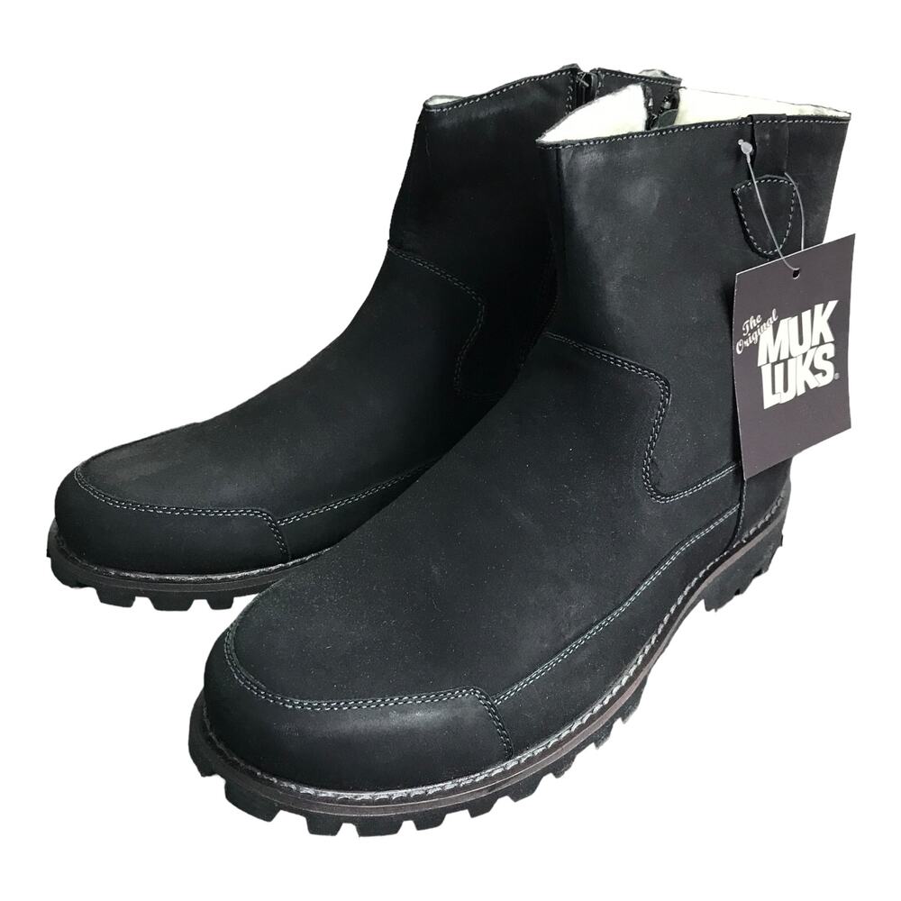 Muk Luks Boots Mens Size 11 Black Leather Shearling Lined Ankle Zip NWT